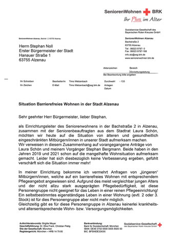 Brief an Bürgermeister Alzenau April 2024 "Situation Barrierefreies Wohenn in der Stadt Alzenau"
